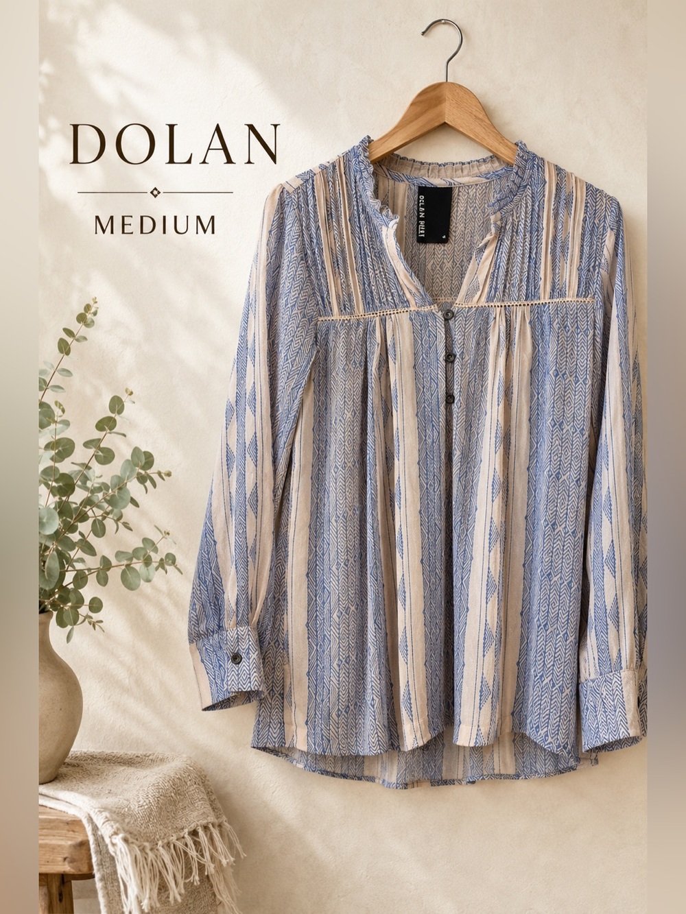 Dolan Geometric Print Ruffle Neck Sheer Blouse Blue Tan Medium